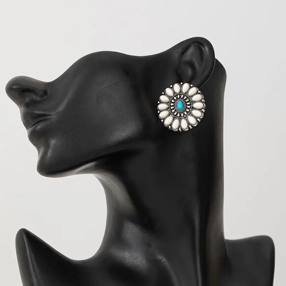 Western Bohemian Concho Turquoise Stud Earrings - Picture 1 of 5